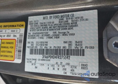 2015 Ford Fusion Se z USA, uszkodzony, nr VIN 3FA6P0HD4FR275592